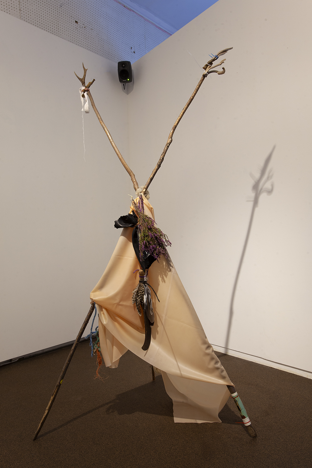 Pan. Willow poles, latex, cable ties, rope, heather, rubber, bone, wood, iron, wool, paper, feathers, 2020.